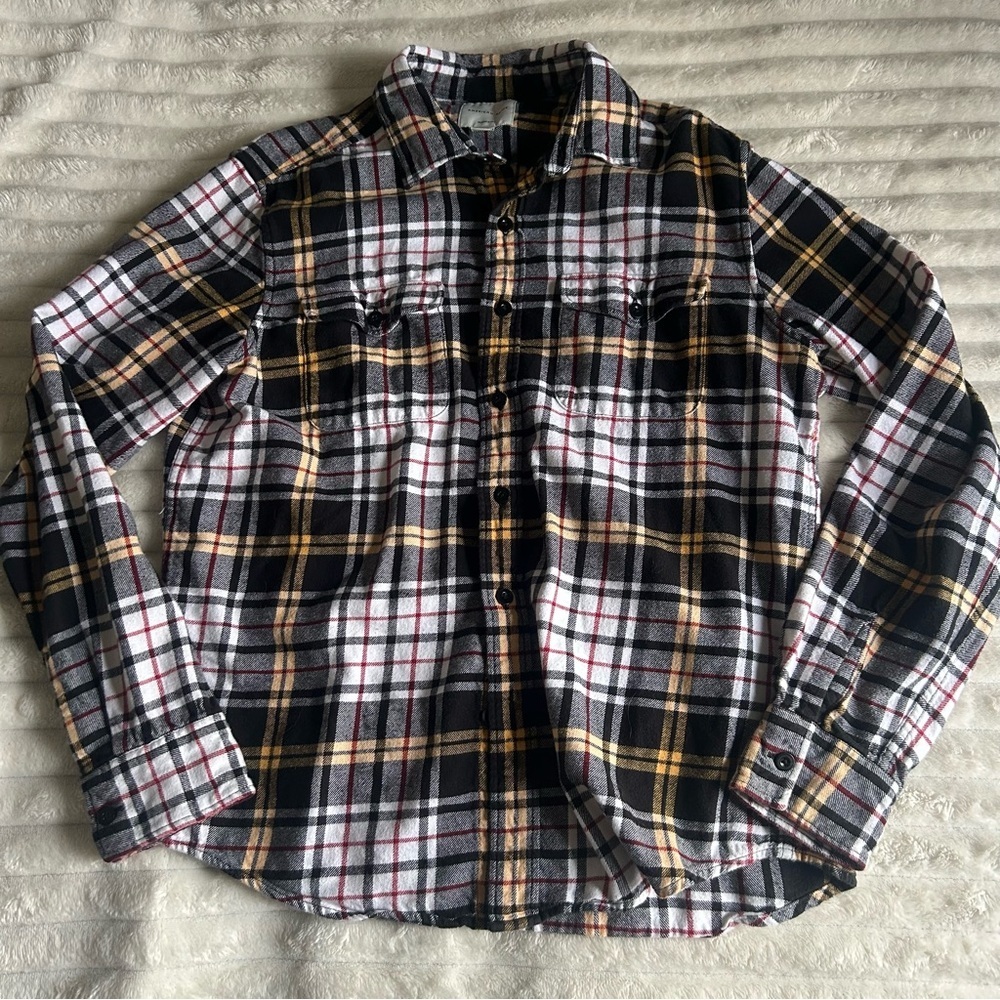 American Eagle Mens Medium Yellow Plaid Classic Fit Long Sleeve Button Up Shirt